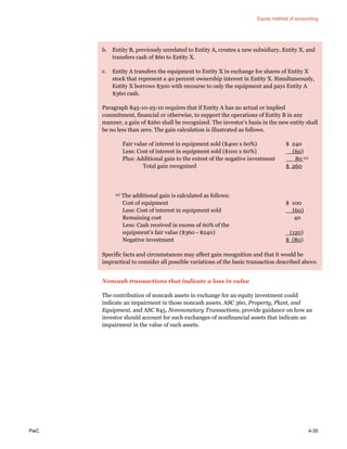 Equity method of accounting
PwC 4-35
b. Entity B, previously unrelated to Entity A, creates a new subsidiary, Entity X, and
transfers cash of $60 to Entity X.
c. Entity A transfers the equipment to Entity X in exchange for shares of Entity X
stock that represent a 40 percent ownership interest in Entity X. Simultaneously,
Entity X borrows $300 with recourse to only the equipment and pays Entity A
$360 cash.
Paragraph 845-10-25-10 requires that if Entity A has no actual or implied
commitment, financial or otherwise, to support the operations of Entity B in any
manner, a gain of $260 shall be recognized. The investor’s basis in the new entity shall
be no less than zero. The gain calculation is illustrated as follows.
Fair value of interest in equipment sold ($400 x 60%) $ 240
Less: Cost of interest in equipment sold ($100 x 60%) (60)
Plus: Additional gain to the extent of the negative investment 80 (a)
Total gain recognized $ 260
(a) The additional gain is calculated as follows:
Cost of equipment $ 100
Less: Cost of interest in equipment sold (60)
Remaining cost 40
Less: Cash received in excess of 60% of the
equipment’s fair value ($360 - $240) (120)
Negative investment $ (80)
Specific facts and circumstances may affect gain recognition and that it would be
impractical to consider all possible variations of the basic transaction described above.
Noncash transactions that indicate a loss in value
The contribution of noncash assets in exchange for an equity investment could
indicate an impairment in those noncash assets. ASC 360, Property, Plant, and
Equipment, and ASC 845, Nonmonetary Transactions, provide guidance on how an
investor should account for such exchanges of nonfinancial assets that indicate an
impairment in the value of such assets.
 
