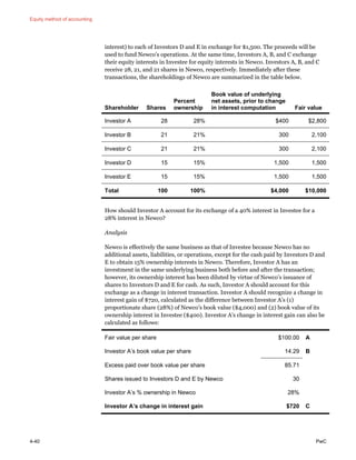 Equity method of accounting
4-40 PwC
interest) to each of Investors D and E in exchange for $1,500. The proceeds will be
used to fund Newco’s operations. At the same time, Investors A, B, and C exchange
their equity interests in Investee for equity interests in Newco. Investors A, B, and C
receive 28, 21, and 21 shares in Newco, respectively. Immediately after these
transactions, the shareholdings of Newco are summarized in the table below.
Shareholder Shares
Percent
ownership
Book value of underlying
net assets, prior to change
in interest computation Fair value
Investor A 28 28% $400 $2,800
Investor B 21 21% 300 2,100
Investor C 21 21% 300 2,100
Investor D 15 15% 1,500 1,500
Investor E 15 15% 1,500 1,500
Total 100 100% $4,000 $10,000
How should Investor A account for its exchange of a 40% interest in Investee for a
28% interest in Newco?
Analysis
Newco is effectively the same business as that of Investee because Newco has no
additional assets, liabilities, or operations, except for the cash paid by Investors D and
E to obtain 15% ownership interests in Newco. Therefore, Investor A has an
investment in the same underlying business both before and after the transaction;
however, its ownership interest has been diluted by virtue of Newco’s issuance of
shares to Investors D and E for cash. As such, Investor A should account for this
exchange as a change in interest transaction. Investor A should recognize a change in
interest gain of $720, calculated as the difference between Investor A’s (1)
proportionate share (28%) of Newco’s book value ($4,000) and (2) book value of its
ownership interest in Investee ($400). Investor A’s change in interest gain can also be
calculated as follows:
Fair value per share $100.00 A
Investor A’s book value per share 14.29 B
Excess paid over book value per share 85.71
Shares issued to Investors D and E by Newco 30
Investor A’s % ownership in Newco 28%
Investor A’s change in interest gain $720 C
 