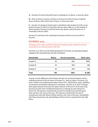 Equity method of accounting
PwC 4-41
A – Investors D and E each paid $1,500 in exchange for 15 shares, or $100 per share.
B – Prior to Newco’s issuance of shares to Investors D and E, Investor A held 28
shares of Newco with a book value of $400, or $14.29 per share.
C – Investor A’s change in interest gain is calculated as the product of (1) the excess
paid by Investor D and E over the book value per share ($85.71), (2) the number of
shares issued to Investors D and E by Newco (30 shares), and (3) Investor A’s %
ownership in Newco (28%).
Investor A’s cost basis in its continuing investment in Newco is $1,120 (28% of
$4,000).
EXAMPLE 4-23
Exchange of one equity method investment for another equity method investment
accounted for as a sale pursuant to ASC 860
Investors A, B, and C own the following interests in Investee, an operating company
engaged in the manufacturing and sale of airplanes:
Shareholder Shares Percent ownership Book value
Investor A 40 40% $400
Investor B 30 30% 300
Investor C 30 30% 300
Total 100 100% $1,000
Assume no basis difference exists between Investor A’s investment balance and its
underlying interest in the net assets of Investee (i.e., both are $400). Investors A, B,
and C created a new limited partnership (“Newco LP”), which had no assets, liabilities,
or operations immediately subsequent to formation. Investors A, B, and C exchange
their equity interests in Investee for equity interests in Newco LP. At the same time,
Investors D and E each contributed businesses in exchange for 45% interests in
Newco LP. The business contributed by Investor D manufactures and sells speed
boats and has a fair value of $22,500. The business contributed by Investor E
manufactures and sells offroad vehicles and has a fair value of $22,500. Immediately
after these transactions, the shareholdings of Newco LP are summarized in the table
below.
 
