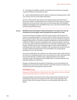 Equity method of accounting
PwC 4-53
F – The deferred tax liability would be recalculated each year based on remaining
temporary differences and enacted tax rates.
G – Equity method goodwill would be subject to impairment testing pursuant to ASC
323-10-35-32. See CG 4.6 for further information.
Investor would record its 25% interest in the voting common stock of Investee at
$1,000,000, which is comprised of the sum of its share of (1) the investee’s net assets
($375,000), (2) the net excess of fair value over the carrying value of the identified
tangible and intangible assets and liabilities ($217,500), and (3) the residual amounts
recorded as goodwill ($407,500).
4.4.5.3 Residual excess of investor’s share of investee’s net assets over cost of
investment (excess of fair value of acquired net assets over cost)
In cases where there is residual excess of the investor’s share of the investee’s net
assets over consideration paid (i.e., investor’s share of the fair value of investee’s net
assets acquired is greater than cost of investment), an investor should not recognize a
bargain purchase gain, as it would in a business combination accounted for pursuant
to ASC 805. Unlike in a business combination where an investor obtains control, an
investor in an equity method investment does not control the underlying assets of the
investee. Therefore, the investor would not be able to realize a gain by selling the
underlying assets of the investee. In addition, ASC 323 requires an investor to record
an equity method investment based on the accumulated cost of acquiring the
investment, not on a fair value basis.
An investor should allocate the residual excess of the investor’s share of the investee’s
net assets over consideration paid as a pro-rata reduction (on a fair value basis) of the
amounts that otherwise would have been assigned generally to the acquired
noncurrent assets. This treatment of the residual excess is consistent with the asset
acquisition guidance in ASC 805-50.
Example 4-29 illustrates the procedures for allocating, as a pro rata reduction, the
residual excess of an investor’s share of the fair value of the investee’s net assets over
consideration paid to the acquired noncurrent assets.
EXAMPLE 4-29
Assignment of basis differences with residual excess allocated as a pro rata reduction
of the amounts that otherwise would have been recorded
Investor purchased a 25% interest in the voting common stock of Investee for cash
consideration of $1,000,000. Investee’s tax rate is 40%. On the acquisition date,
Investor’s share of the net assets of Investee on a book and fair value basis are as
follows:
 