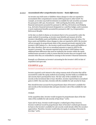 Equity method of accounting
PwC 4-57
4.4.5.5 Accumulated other comprehensive income – basis differences
An investee may hold assets or liabilities whose changes in value are reported in
accumulated other comprehensive income (AOCI) pursuant to other GAAP. For
example, an investee may hold investments in available-for-sale securities accounted
for pursuant to ASC 320, Investments – Debt and Equity Securities, derivative
financial instruments accounted for pursuant to ASC 815, Derivatives and Hedging
(e.g., derivative financial instrument designated as a cash flow hedge), and/or pension
or post-employment benefits accounted for pursuant to ASC 715, Compensation—
Retirement Benefits.
At the date on which it obtains an investment that is to be accounted for under the
equity method of accounting, an investor must identify and measure all of the
investee’s identifiable assets and liabilities at their acquisition date fair values. For
those assets and liabilities whose changes in value are reported in AOCI, the investor
will not recognize its proportionate share of the amounts previously reported in the
investee’s AOCI balance (i.e., the investor would record those assets and liabilities at
fair value; therefore, there are no unrealized amounts to report in AOCI in the
investor’s accounts). The amounts reported in the investee’s AOCI balance create
additional basis differences that must be tracked by the investor within the equity
method memo accounts in order to ensure that the investor does not recognize such
amounts when they are reclassified to earnings in the investee’s financial statements.
Example 4-31 illustrates an investor’s accounting for the investee’s AOCI at date of
acquisition and upon sale.
EXAMPLE 4-31
Investor’s accounting for investee’s AOCI at date of acquisition and upon sale
Investor acquired a 20% interest in the voting common stock of Investee that will be
accounted for under the equity method of accounting. Investee holds an available-for-
sale security that it purchased for $100. The fair value of the available-for-sale
security at the investment date is $150; therefore, investee reported $50 in unrealized
gains in AOCI. One year later, Investee sells the available-for-sale security for $150.
How should Investor account for its proportionate share of Investee’s available-for-
sale security at the investment date and upon Investee’s sale of the available-for-sale
security?
Analysis
At the acquisition date, Investor would recognize its proportionate share of the fair
value of the available-for-sale security of $30 ($150 * 20%).
Upon sale for $150, Investee would recognize a realized gain of $50; however,
Investor would not record its proportionate share of Investee’s realized gain because
its basis in the Investee’s available-for-sale security would already reflect the security’s
appreciation. Therefore, Investor would reduce its equity in earnings of Investee by
$10 ($50 * 20%).
 
