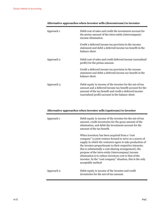 Equity method of accounting
4-72 PwC
Alternative approaches when investor sells (downstream) to investee
Approach 1 Debit cost of sales and credit the investment account for
the pretax amount of the intra-entity (intercompany)
income elimination.
Credit a deferred income tax provision in the income
statement and debit a deferred income tax benefit in the
balance sheet.
Approach 2 Debit cost of sales and credit deferred income (unrealized
profit) for the pretax amount.
Credit a deferred income tax provision in the income
statement and debit a deferred income tax benefit in the
balance sheet.
Approach 3 Debit equity in income of the investee for the net-of-tax
amount and a deferred income tax benefit account for the
amount of the tax benefit and credit a deferred income
(unrealized profit) account in the balance sheet.
Alternative approaches when investee sells (upstream) to investor
Approach 1 Debit equity in income of the investee for the net-of-tax
amount, credit inventories for the gross amount of the
elimination, and debit the investment account for the
amount of the tax benefit.
When inventory has been acquired from a “cost
company” (a joint venture formed to serve as a source of
supply in which the venturers agree to take production of
the investee proportionate to their respective interests;
this is substantially a cost-sharing arrangement), the
purpose of the intra-entity (intercompany) income
elimination is to reduce inventory cost to that of the
investee. In the “cost company” situation, this is the only
acceptable method
Approach 2 Debit equity in income of the investee and credit
inventories for the net-of-tax amount.
 