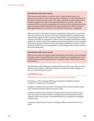 Equity method of accounting
4-78 PwC
Excerpt from ASC 323-10-35-24
[T]he investor shall continue to report its share of equity method losses in its
statement of operations to the extent of and as an adjustment to the adjusted basis of
the other investments in the investee. The order in which those equity method losses
should be applied to the other investments shall follow the seniority of the other
investments (that is, priority in liquidation). For each period, the adjusted basis of the
other investments shall be adjusted for the equity method losses, then the investor
shall apply Subtopics 310-10 and 320-10 to the other investments, as applicable.
When an investor’s investment in common stock has been reduced to zero and it has
other investments in the investee, the investor should generally not recognize equity
method losses against its other investments based solely on its percentage of investee
common stock held. In such instances, there are two acceptable methods that could be
applied. An investor would either recognize investee losses based on (1) the ownership
level of the particular investee security or loan/advance held by the investor to which
the equity method losses are being applied, or (2) the change in the investor’s claim on
the investee book value.
Excerpt from ASC 323-10-35-28
[T]he investor shall not recognize equity method losses based solely on the percentage
of investee common stock held by the investor. Example 5 (see paragraph 323-10-55-
48) illustrates two possible approaches for recognizing equity method losses in such
circumstances.
The following example illustrates one approach that an investor may apply in order to
attribute investee losses to different investments it holds. For another example, see
CG 4.5.1.3 from ASC 323-10-55-48.
EXAMPLE 4-34
Attribution of investee losses when an investor holds other investments
On January 1, 20X5, Company XYZ began its operations with three investors,
Company A, Company B, and Company C.
Company A acquired 1,000,000 shares of Company XYZ’s common stock for $1 per
share and loaned Company XYZ $1,000,000 in cash.
Company B acquired 750,000 shares of Company XYZ’s common stock for $1 per
share and 1,000,000 shares of Series A voting preferred stock (preferred stock) in
Company XYZ for $2 per share. The preferred stock is not considered in-substance
common stock.
Company C acquired 750,000 shares of Company XYZ’s common stock for $1 per
share.
 