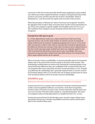 Equity method of accounting
4-82 PwC
net income or OCI, the investor generally should resume applying the equity method
and, absent any investee capital transactions, recognize its proportionate share of the
investee’s net income and OCI only after the investee’s shareholders’ deficit is
eliminated (i.e., once the investor has equity in the net assets of the investee).
When this procedure is followed, the “share of net losses not recognized” should be
the aggregate of the investor’s share of investee losses and the normal amortization of
any excess costs assigned to specific tangible and intangible assets (see CG 4.5.5.1)
that would have been charged to income during the period when losses were not
recognized.
Excerpt from ASC 323-10-35-26
b. 2. If the adjusted basis reaches zero, equity method losses shall cease being
reported; however, the investor shall continue to track the amount of unreported
equity method losses for purposes of applying paragraph 323-10-35-20. If one of the
other investments is sold at a time when its carrying value exceeds its adjusted basis,
the difference between the cost basis of that other investment and its adjusted basis at
the time of sale represents equity method losses that were originally applied to that
other investment but effectively reversed upon its sale. Accordingly, that excess
represents unreported equity method losses that shall continue to be tracked before
future equity method income can be reported.
When an investee returns to profitability, an investor generally restores its investment
balance only to the extent of the investor’s equity in net assets of the investee. This
methodology would preclude an investor from restoring the remaining balance of any
unamortized basis differences that were established at the investment date that were
not recognized after losses reduced the investor’s investment balance to zero. Example
4-35 illustrates the methodology that is generally employed when an investor restores
its investment balance after (1) an investor does not recognize investee losses in excess
of its investment balance and (2) an investee returns to profitability.
EXAMPLE 4-35
Restoration of investment when losses in excess of investment not recognized
Investor pays $100 for a common stock investment in Investee and determines that it
is able to exercise significant influence over Investee. At the date of acquisition,
Investor’s share of Investee net assets is $70. Investor determines that the $30 excess
cost over net assets of Investee relates entirely to a manufacturing plant. The excess
cost assigned to plant is being depreciated on a straight-line basis over 10 years.
Investee has incurred losses for the first three years. Investor’s share of those losses
amounted to $40 per year. Investee is profitable in year four and five and Investor’s
share is $70 in each of those years.
 
