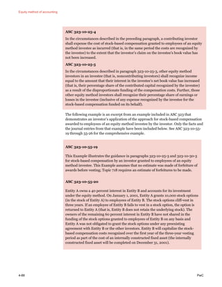 Equity method of accounting
4-88 PwC
ASC 323-10-25-4
In the circumstances described in the preceding paragraph, a contributing investor
shall expense the cost of stock-based compensation granted to employees of an equity
method investee as incurred (that is, in the same period the costs are recognized by
the investee) to the extent that the investor’s claim on the investee’s book value has
not been increased.
ASC 323-10-25-5
In the circumstances described in paragraph 323-10-25-3, other equity method
investors in an investee (that is, noncontributing investors) shall recognize income
equal to the amount that their interest in the investee’s net book value has increased
(that is, their percentage share of the contributed capital recognized by the investee)
as a result of the disproportionate funding of the compensation costs. Further, those
other equity method investors shall recognize their percentage share of earnings or
losses in the investee (inclusive of any expense recognized by the investee for the
stock-based compensation funded on its behalf).
The following example is an excerpt from an example included in ASC 323 that
demonstrates an investor’s application of the approach for stock-based compensation
awarded to employees of an equity method investee by the investor. Only the facts and
the journal entries from that example have been included below. See ASC 323-10-55-
19 through 55-26 for the comprehensive example.
ASC 323-10-55-19
This Example illustrates the guidance in paragraphs 323-10-25-3 and 323-10-30-3
for stock-based compensation by an investor granted to employees of an equity
method investee. This Example assumes that no estimate was made of forfeiture of
awards before vesting; Topic 718 requires an estimate of forfeitures to be made.
ASC 323-10-55-20
Entity A owns a 40 percent interest in Entity B and accounts for its investment
under the equity method. On January 1, 2001, Entity A grants 10,000 stock options
(in the stock of Entity A) to employees of Entity B. The stock options cliff-vest in
three years. If an employee of Entity B fails to vest in a stock option, the option is
returned to Entity A (that is, Entity B does not retain the underlying stock). The
owners of the remaining 60 percent interest in Entity B have not shared in the
funding of the stock options granted to employees of Entity B on any basis and
Entity A was not obligated to grant the stock options under any preexisting
agreement with Entity B or the other investors. Entity B will capitalize the stock-
based compensation costs recognized over the first year of the three-year vesting
period as part of the cost of an internally constructed fixed asset (the internally
constructed fixed asset will be completed on December 31, 2001).
 