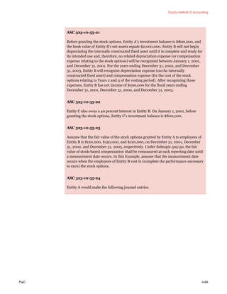 Equity method of accounting
PwC 4-89
ASC 323-10-55-21
Before granting the stock options, Entity A’s investment balance is $800,000, and
the book value of Entity B’s net assets equals $2,000,000. Entity B will not begin
depreciating the internally constructed fixed asset until it is complete and ready for
its intended use and, therefore, no related depreciation expense (or compensation
expense relating to the stock options) will be recognized between January 1, 2001,
and December 31, 2001. For the years ending December 31, 2002, and December
31, 2003, Entity B will recognize depreciation expense (on the internally
constructed fixed asset) and compensation expense (for the cost of the stock
options relating to Years 2 and 3 of the vesting period). After recognizing those
expenses, Entity B has net income of $200,000 for the fiscal years ending
December 31, 2001, December 31, 2002, and December 31, 2003.
ASC 323-10-55-22
Entity C also owns a 40 percent interest in Entity B. On January 1, 2001, before
granting the stock options, Entity C’s investment balance is $800,000.
ASC 323-10-55-23
Assume that the fair value of the stock options granted by Entity A to employees of
Entity B is $120,000, $150,000, and $120,000, on December 31, 2001, December
31, 2002, and December 31, 2003, respectively. Under Subtopic 505-50, the fair
value of stock-based compensation shall be remeasured at each reporting date until
a measurement date occurs. In this Example, assume that the measurement date
occurs when the employees of Entity B vest in (complete the performance necessary
to earn) the stock options.
ASC 323-10-55-24
Entity A would make the following journal entries.
 