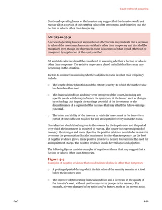 Equity method of accounting
PwC 4-99
Continued operating losses at the investee may suggest that the investor would not
recover all or a portion of the carrying value of its investment, and therefore that the
decline in value is other than temporary.
ASC 323-10-35-31
A series of operating losses of an investee or other factors may indicate that a decrease
in value of the investment has occurred that is other than temporary and that shall be
recognized even though the decrease in value is in excess of what would otherwise be
recognized by application of the equity method.
All available evidence should be considered in assessing whether a decline in value is
other than temporary. The relative importance placed on individual facts may vary
depending on the situation.
Factors to consider in assessing whether a decline in value is other than temporary
include:
□ The length of time (duration) and the extent (severity) to which the market value
has been less than cost.
□ The financial condition and near-term prospects of the issuer, including any
specific events which may influence the operations of the issuer, such as changes
in technology that impair the earnings potential of the investment or the
discontinuance of a segment of the business that may affect the future earnings
potential.
□ The intent and ability of the investor to retain its investment in the issuer for a
period of time sufficient to allow for any anticipated recovery in market value.
Consideration should also be given to the reasons for the impairment and the period
over which the investment is expected to recover. The longer the expected period of
recovery, the stronger and more objective the positive evidence needs to be in order to
overcome the presumption that the impairment is other than temporary. As the level
of negative evidence grows, more positive evidence is needed to overcome the need for
an impairment charge. The positive evidence should be verifiable and objective.
The following figures contain examples of negative evidence that may suggest that a
decline in value is other than temporary.
Figure 4-4
Examples of negative evidence that could indicate decline is other than temporary
□ A prolonged period during which the fair value of the security remains at a level
below the investor’s cost
□ The investee’s deteriorating financial condition and a decrease in the quality of
the investee’s asset, without positive near-term prospects for recovery. For
example, adverse changes in key ratios and/or factors, such as the current ratio,
 