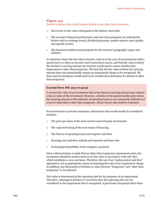 Equity method of accounting
PwC 4-101
Figure 4-5
Positive evidence that could indicate decline is not other than temporary
□ Recoveries in fair value subsequent to the balance sheet date
□ The investee’s financial performance and near-term prospects (as indicated by
factors such as earnings trends, dividend payments, analyst reports, asset quality,
and specific events)
□ The financial condition and prospects for the investee’s geographic region and
industry
In situations where the fair value is known, such as in the case of an investment with a
quoted price or when an investee stock transaction occurs, and that fair value is below
the investor’s carrying amount, the investor would need to assess whether that
impairment is other than temporary. The fact that the fair value is below the carrying
amount does not automatically require an impairment charge to be recognized. All
facts and circumstances would need to be considered to determine if a decline is other
than temporary.
Excerpt from ASC 323-10-35-32
A current fair value of an investment that is less than its carrying amount may indicate
a loss in value of the investment. However, a decline in the quoted market price below
the carrying amount or the existence of operating losses is not necessarily indicative of
a loss in value that is other than temporary. All are factors that shall be evaluated.
For investments in private companies, information that would usually be considered
includes:
□ The price per share of the most recent round of equity investments
□ The expected timing of the next round of financing
□ The history of operating losses and negative cash flow
□ Earnings and cash flow outlook and expected cash burn rate
□ Technological feasibility of the company’s products
Once a determination is made that an other-than-temporary impairment exists, the
investment should be written down to its fair value in accordance with ASC 820,
which establishes a new cost basis. Therefore, the use of an “undiscounted cash flow”
approach is not an appropriate means of assessing the value of an impairment charge.
In addition, any bifurcation of declines in value between “temporary” and “other than
temporary” is not allowed.
Fair value is determined at the reporting date for the purposes of an impairment.
Therefore, subsequent declines or recoveries after the reporting date are not
considered in the impairment that is recognized. A previously recognized other-than-
 