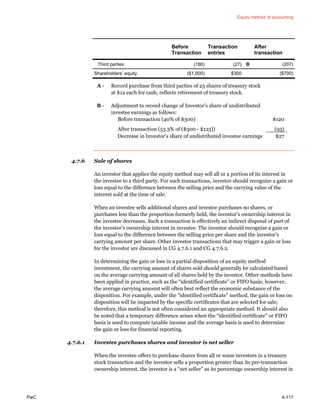 Equity method of accounting
PwC 4-117
Before
Transaction
Transaction
entries
After
transaction
Third parties (180) (27) B (207)
Shareholders’ equity ($1,000) $300 ($700)
A - Record purchase from third parties of 25 shares of treasury stock
at $12 each for cash; reflects retirement of treasury stock.
B - Adjustment to record change of Investor’s share of undistributed
investee earnings as follows:
Before transaction (40% of $300) $120
After transaction (53.3% of ($300 - $125)) (93)
Decrease in Investor’s share of undistributed investee earnings $27
4.7.6 Sale of shares
An investor that applies the equity method may sell all or a portion of its interest in
the investee to a third party. For such transactions, investor should recognize a gain or
loss equal to the difference between the selling price and the carrying value of the
interest sold at the time of sale.
When an investee sells additional shares and investor purchases no shares, or
purchases less than the proportion formerly held, the investor’s ownership interest in
the investee decreases. Such a transaction is effectively an indirect disposal of part of
the investor’s ownership interest in investee. The investor should recognize a gain or
loss equal to the difference between the selling price per share and the investor’s
carrying amount per share. Other investee transactions that may trigger a gain or loss
for the investor are discussed in CG 4.7.6.1 and CG 4.7.6.2.
In determining the gain or loss in a partial disposition of an equity method
investment, the carrying amount of shares sold should generally be calculated based
on the average carrying amount of all shares held by the investor. Other methods have
been applied in practice, such as the “identified certificate” or FIFO basis; however,
the average carrying amount will often best reflect the economic substance of the
disposition. For example, under the "identified certificate" method, the gain or loss on
disposition will be impacted by the specific certificates that are selected for sale;
therefore, this method is not often considered an appropriate method. It should also
be noted that a temporary difference arises when the “identified certificate” or FIFO
basis is used to compute taxable income and the average basis is used to determine
the gain or loss for financial reporting.
4.7.6.1 Investee purchases shares and investor is net seller
When the investee offers to purchase shares from all or some investors in a treasury
stock transaction and the investor sells a proportion greater than its pre-transaction
ownership interest, the investor is a “net seller” as its percentage ownership interest in
 