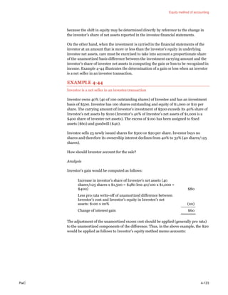 Equity method of accounting
PwC 4-123
because the shift in equity may be determined directly by reference to the change in
the investor’s share of net assets reported in the investee financial statements.
On the other hand, when the investment is carried in the financial statements of the
investor at an amount that is more or less than the investor’s equity in underlying
investee net assets, care must be exercised to take into account a proportionate share
of the unamortized basis difference between the investment carrying amount and the
investor’s share of investee net assets in computing the gain or loss to be recognized in
income. Example 4-44 illustrates the determination of a gain or loss when an investor
is a net seller in an investee transaction.
EXAMPLE 4-44
Investor is a net seller in an investee transaction
Investor owns 40% (40 of 100 outstanding shares) of Investee and has an investment
basis of $500. Investee has 100 shares outstanding and equity of $1,000 or $10 per
share. The carrying amount of Investor’s investment of $500 exceeds its 40% share of
Investee’s net assets by $100 (Investor’s 40% of Investee’s net assets of $1,000 is a
$400 share of investee net assets). The excess of $100 has been assigned to fixed
assets ($60) and goodwill ($40).
Investee sells 25 newly issued shares for $500 or $20 per share. Investor buys no
shares and therefore its ownership interest declines from 40% to 32% (40 shares/125
shares).
How should Investor account for the sale?
Analysis
Investor’s gain would be computed as follows:
Increase in investor’s share of Investee’s net assets (40
shares/125 shares x $1,500 = $480 less 40/100 x $1,000 =
$400) $80
Less pro rata write-off of unamortized difference between
Investor’s cost and Investor’s equity in Investee’s net
assets: $100 x 20% (20)
Change of interest gain $60
The adjustment of the unamortized excess cost should be applied (generally pro rata)
to the unamortized components of the difference. Thus, in the above example, the $20
would be applied as follows to Investor’s equity method memo accounts:
 