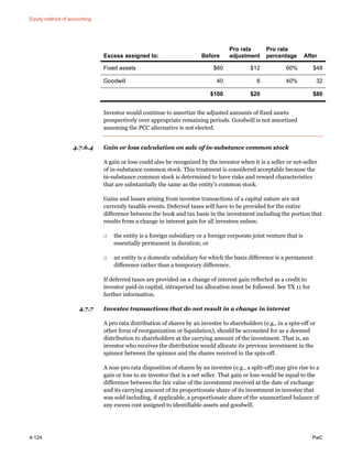 Equity method of accounting
4-124 PwC
Excess assigned to: Before
Pro rata
adjustment
Pro rata
percentage After
Fixed assets $60 $12 60% $48
Goodwill 40 8 40% 32
$100 $20 $80
Investor would continue to amortize the adjusted amounts of fixed assets
prospectively over appropriate remaining periods. Goodwill is not amortized
assuming the PCC alternative is not elected.
4.7.6.4 Gain or loss calculation on sale of in-substance common stock
A gain or loss could also be recognized by the investor when it is a seller or net-seller
of in-substance common stock. This treatment is considered acceptable because the
in-substance common stock is determined to have risks and reward characteristics
that are substantially the same as the entity’s common stock.
Gains and losses arising from investee transactions of a capital nature are not
currently taxable events. Deferred taxes will have to be provided for the entire
difference between the book and tax basis in the investment including the portion that
results from a change in interest gain for all investees unless:
□ the entity is a foreign subsidiary or a foreign corporate joint venture that is
essentially permanent in duration; or
□ an entity is a domestic subsidiary for which the basis difference is a permanent
difference rather than a temporary difference.
If deferred taxes are provided on a change of interest gain reflected as a credit to
investor paid-in capital, intraperiod tax allocation must be followed. See TX 11 for
further information.
4.7.7 Investee transactions that do not result in a change in interest
A pro rata distribution of shares by an investee to shareholders (e.g., in a spin-off or
other form of reorganization or liquidation), should be accounted for as a deemed
distribution to shareholders at the carrying amount of the investment. That is, an
investor who receives the distribution would allocate its previous investment in the
spinnor between the spinnor and the shares received in the spin-off.
A non-pro rata disposition of shares by an investee (e.g., a split-off) may give rise to a
gain or loss to an investor that is a net seller. That gain or loss would be equal to the
difference between the fair value of the investment received at the date of exchange
and its carrying amount of its proportionate share of its investment in investee that
was sold including, if applicable, a proportionate share of the unamortized balance of
any excess cost assigned to identifiable assets and goodwill.
 