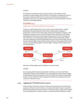 Joint ventures
5-8 PwC
Analysis
No. While the investors have joint control over Newco, the substance of the
transaction is that Company A has sold 50% of its business in exchange for cash. As
the purpose of the transaction does not meet any of the other characteristics as
described in ASC 323-10-20, this arrangement does not meet the definition of a joint
venture for accounting purposes.
EXAMPLE 5-4
A joint venture structured in the form of a partnership
Company A and Company B form a new venture, Newco Partnership, a limited
partnership. The general partner (GP) of Newco Partnership is Company C
Corporation, a newly formed entity jointly owned and controlled by Company A and
Company B. Company A owns 100% of Company A LLC, which has a 40% limited
partnership interest in Newco Partnership. Company B owns 100% of Company B
LLC, which has a 40% limited partnership interest in Newco Partnership. The GP
owns the remaining 20% general partnership interest in Newco Partnership. The GP
has the unilateral right to make all the decisions of Newco Partnership and the LPs do
not have any participating rights or kick-out rights. Company A and Company B are
not related parties.
Does Newco Partnership meet the definition of a joint venture?
Analysis
Yes. Assuming all of the other characteristics in ASC 323-10-20 are met, Newco
Partnership would meet the definition of an accounting joint venture since Company
A and Company B have joint control over the GP, which controls Newco Partnership.
In this case, the substance of the arrangement is that the two companies have joint
control over the joint venture.
5.2.3 Applying the VIE Model to joint ventures
At the formation of the joint venture (or when an investor becomes involved with or
acquires an interest in a joint venture), an investor in the joint venture is required to
first determine if the joint venture entity is a VIE. If the entity is a VIE and is required
to be consolidated by one of the investors, it would not meet the definition of a joint
 