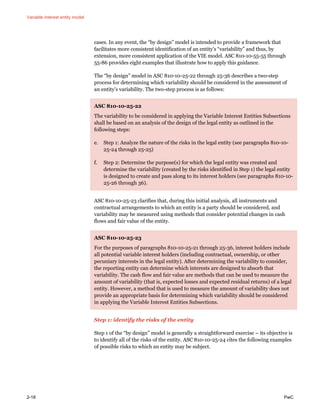 Variable interest entity model
2-18 PwC
cases. In any event, the “by design” model is intended to provide a framework that
facilitates more consistent identification of an entity’s “variability” and thus, by
extension, more consistent application of the VIE model. ASC 810-10-55-55 through
55-86 provides eight examples that illustrate how to apply this guidance.
The “by design” model in ASC 810-10-25-22 through 25-36 describes a two-step
process for determining which variability should be considered in the assessment of
an entity’s variability. The two-step process is as follows:
ASC 810-10-25-22
The variability to be considered in applying the Variable Interest Entities Subsections
shall be based on an analysis of the design of the legal entity as outlined in the
following steps:
e. Step 1: Analyze the nature of the risks in the legal entity (see paragraphs 810-10-
25-24 through 25-25)
f. Step 2: Determine the purpose(s) for which the legal entity was created and
determine the variability (created by the risks identified in Step 1) the legal entity
is designed to create and pass along to its interest holders (see paragraphs 810-10-
25-26 through 36).
ASC 810-10-25-23 clarifies that, during this initial analysis, all instruments and
contractual arrangements to which an entity is a party should be considered, and
variability may be measured using methods that consider potential changes in cash
flows and fair value of the entity.
ASC 810-10-25-23
For the purposes of paragraphs 810-10-25-21 through 25-36, interest holders include
all potential variable interest holders (including contractual, ownership, or other
pecuniary interests in the legal entity). After determining the variability to consider,
the reporting entity can determine which interests are designed to absorb that
variability. The cash flow and fair value are methods that can be used to measure the
amount of variability (that is, expected losses and expected residual returns) of a legal
entity. However, a method that is used to measure the amount of variability does not
provide an appropriate basis for determining which variability should be considered
in applying the Variable Interest Entities Subsections.
Step 1: identify the risks of the entity
Step 1 of the “by design” model is generally a straightforward exercise – its objective is
to identify all of the risks of the entity. ASC 810-10-25-24 cites the following examples
of possible risks to which an entity may be subject.
 