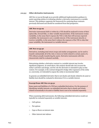 Variable interest entity model
PwC 2-33
2.2.3.5 Other derivative instruments
ASC 810-10-55-29 through 55-31 provide additional implementation guidance to
assist reporting entities in evaluating whether a derivative instrument is a variable
interest. This guidance augments the framework for analyzing these contracts
previously discussed and should be considered from that perspective.
ASC 810-10-55-29
Derivative instruments held or written by a VIE should be analyzed in terms of their
option-like, forward-like, or other variable characteristics. If the instrument creates
variability, in the sense that it exposes the VIE to risks that will increase expected
variability, the instrument is not a variable interest. If the instrument absorbs or
receives variability, in the sense that it reduces the exposure of the VIE to risks that
cause variability, the instrument is a variable interest.
ASC 810-10-55-30
Derivatives, including total return swaps and similar arrangements, can be used to
transfer substantially all of the risk or return (or both) related to certain assets of a
VIE without actually transferring the assets. Derivative instruments with this
characteristic shall be evaluated carefully.
Determining whether a derivative contract is a variable interest may involve
significant judgment. As noted above, this analysis should take into account the
entity’s activities and design, and the role the derivative is intended to play in that
context. For example, is the contract designed to hedge other exposures of the entity
or, conversely, is it intended to expose the entity to incremental risks?
In general, an embedded derivative that is not clearly and closely related to its asset or
liability host should be evaluated to determine if it is a variable interest.
Excerpt from ASC 810-10-55-31
Some assets and liabilities of a VIE have embedded derivatives. For the purpose of
identifying variable interests, an embedded derivative that is clearly and closely
related economically to its asset or liability host is not to be evaluated separately.
When examining debt instruments, the following embedded derivatives would not
typically be evaluated separately as variable interests:
□ Call options
□ Put options
□ Caps or floors on interest rates
□ Other interest rate indexes
 