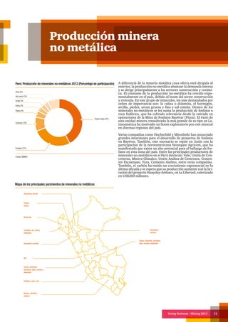Doing Business - Mining 2013 13
Producción minera
no metálica
A diferencia de la minería metálica cuya oferta está dirigida al
exterior, la producción no-metálica abastase la demanda interna
y se dirige principalmente a los sectores construcción y cerámi-
ca. El consumo de la producción no-metálica ha crecido expo-
nencialmente en el país, debido al boom del sector construcción
y vivienda. En este grupo de minerales, los más demandados por
orden de importancia son: la caliza o dolomita, el hormigón,
arcilla, piedra, arena gruesa y fina y sal común. Dentro de los
minerales no-metálicos se les suma la producción de fosfatos o
roca fosfórica, que ha cobrado relevancia desde la entrada en
operaciones de la Mina de Fosfatos Bayóvar (Piura). El éxito de
esta unidad minera considerada la más grande de su tipo en La-
tinoamérica ha motivado un boom exploratorio por este mineral
en diversas regiones del país.
Varias compañías como Hochschild y Mitsubishi han anunciado
grandes inversiones para el desarrollo de proyectos de fosfatos
en Bayóvar. También, este escenario se repite en Junín con la
participación de la norteamericana Stonegate Agricom, que ha
manifestado que existe un alto potencial para el hallazgo de fos-
fatos en esta zona del país. Entre los principales productores de
minerales no-metálicos en el Perú destacan: Vale, Unión de Con-
creteras, Minera Chinalco, Unión Andina de Cementos, Cemen-
tos Pacasmayo, Yura, Cemento Andino, entre otras compañías.
También, el carbón ha tenido un crecimiento exponencial en la
última década y se espera que su producción aumente con la lici-
tación del proyecto Huayday-Ambara, en La Libertad, valorizado
en US$200 millones.
Perú: Producción de minerales no-metálicos 2012 (Porcentaje de participación)
Fuente: MINEM
Piedra Caliza 42%
Otros 8%
Sal común 3%
Arcilla 3%
Arena 3%
Piedra 4%
Concreto 10%
Fostatos 27%
Mapa de los principales yacimientos de minerales no metálicos
Sulfatos, yeso y sal
Sal
Caliza, dolomita,
puzolana, yeso, arcilla y
bentonita
Dolomita y arcillas
Fosfatos, sal, yeso y
diatomita
Bentonita
Dolomita y
arcillas
Caliza, dolomita, puzolana,
yeso, arcilla y bentonita
Borato, ulexitia y
potasio
Piedra
Caliza
Dolomita y arcilla
 