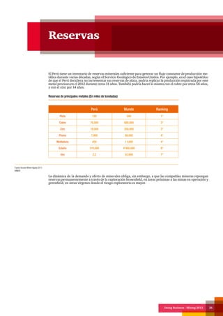 Doing Business - Mining 2013 26
Reservas
El Perú tiene un inventario de reservas minerales suficiente para generar un flujo constante de producción me-
tálica durante varias décadas, según el Servicio Geológico de Estados Unidos. Por ejemplo, en el caso hipotético
de que el Perú decidiera no incrementar sus reservas de plata, podría replicar la producción registrada por este
metal precioso en el 2012 durante otros 31 años. También podría hacer lo mismo con el cobre por otros 58 años,
y con el zinc por 14 años.
La dinámica de la demanda y oferta de minerales obliga, sin embargo, a que las compañías mineras repongan
reservas permanentemente a través de la exploración brownfield, en áreas próximas a las minas en operación y
greenfield, en áreas vírgenes donde el riesgo exploratorio es mayor.
Reservas de principales metales (En miles de toneladas)
Perú Mundo Ranking
Plata 120 540 1°
Cobre 76,000 680,000 3°
Zinc 18,000 250,000 3°
Plomo 7,900 89,000 4°
Molibdeno 450 11,000 4°
Estaño 310,000 4’900,000 6°
Oro 2,2 52,000 7°
Fuente:Anuario Minero Agosto 2013
MINEM
 