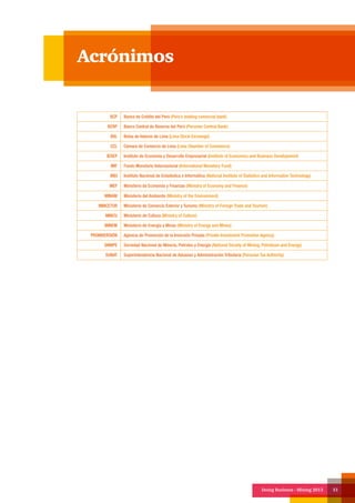 Doing Business - Mining 2013 51
BCP Banco de Crédito del Perú (Peru’s leading comercial bank)
BCRP Banco Central de Reserva del Perú (Peruvian Central Bank)
BVL Bolsa de Valores de Lima (Lima Stock Exchange)
CCL Cámara de Comercio de Lima (Lima Chamber of Commerce)
IEDEP Instituto de Economía y Desarrollo Empresarial (Institute of Economics and Business Development)
IMF Fondo Monetario Internacional (International Monetary Fund)
INEI Instituto Nacional de Estadística e Informática (National Institute of Statistics and Information Technology)
MEF Ministerio de Economía y Finanzas (Ministry of Economy and Finance)
MINAM Ministerio del Ambiente (Ministry of the Environment)
MINCETUR Ministerio de Comercio Exterior y Turismo (Ministry of Foreign Trade and Tourism)
MINCU Ministerio de Cultura (Ministry of Culture)
MINEM Ministerio de Energía y Minas (Ministry of Energy and Mines)
PROINVERSIÓN Agencia de Promoción de la Inversión Privada (Private Investment Promotion Agency)
SNMPE Sociedad Nacional de Minería, Petroleo y Energía (National Society of Mining, Petroleum and Energy)
SUNAT Superintendencia Nacional de Aduanas y Administración Tributaria (Peruvian Tax Authority)
Acrónimos
 