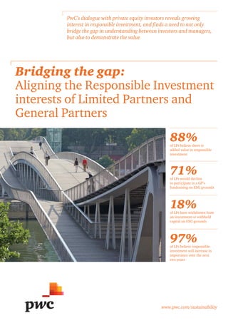 www.pwc.com/sustainability
Bridging the gap:
Aligning the Responsible Investment
interests of Limited Partners and
General Partners
PwC’s dialogue with private equity investors reveals growing
interest in responsible investment, and finds a need to not only
bridge the gap in understanding between investors and managers,
but also to demonstrate the value
88%of LPs believe there is
added value in responsible
investment
71%of LPs would decline
to participate in a GP’s
fundraising on ESG grounds
18%of LPs have withdrawn from
an investment or withheld
capital on ESG grounds
97%of LPs believe responsible
investment will increase in
importance over the next
two years
 