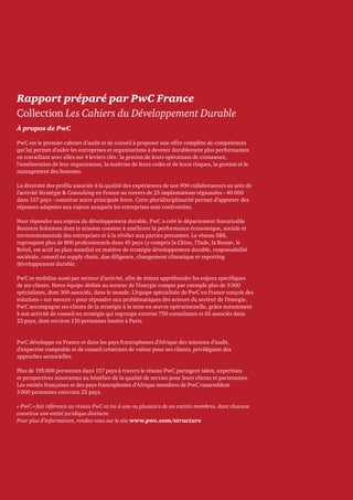 2 |	 Changement climatique et Électricité 	 | 2015
Rapport préparé par PwC France
Collection Les Cahiers du Développement ...