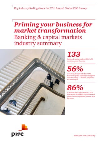 Key industry findings from the 17th Annual Global CEO Survey

Priming your business for
market transformation
Banking & capital markets
industry summary

133

banking & capital markets CEOs in 50
countries across the world

56%

of banking & capital Markets CEOs
believe the global economy will improve
over the coming 12 months, compared
to 19% last year

86%

of banking and capital markets CEOs
believe that technological advances will
transform their businesses over the next
five years

www.pwc.com/ceosurvey

 