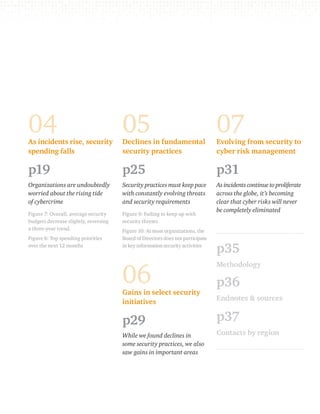 07 
Evolving from security to 
cyber risk management 
p31 
As incidents continue to proliferate 
across the globe, it’s becoming 
clear that cyber risks will never 
be completely eliminated 
p35 
Methodology 
p36 
Endnotes & sources 
p37 
Contacts by region 
04 
As incidents rise, security 
spending falls 
p19 
Organizations are undoubtedly 
worried about the rising tide 
of cybercrime 
Figure 7: Overall, average security 
budgets decrease slightly, reversing 
a three-year trend. 
Figure 8: Top spending priorities 
over the next 12 months 
05 
Declines in fundamental 
security practices 
p25 
Security practices must keep pace 
with constantly evolving threats 
and security requirements 
Figure 9: Failing to keep up with 
security threats 
Figure 10: At most organizations, the 
Board of Directors does not participate 
in key information security activities 
06 
Gains in select security 
initiatives 
p29 
While we found declines in 
some security practices, we also 
saw gains in important areas 
 