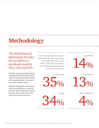 Methodology 
The results discussed in this report 
are based on the responses of more 
than 9,700 CEOs, CFOs, CIOs, 
CISOs, CSOs, VPs, and directors 
of IT and security practices across 
more than 154 countries. 
North America 35% 
Europe 34% 
35 Managing cyber risks in an interconnected world: Key findings from The Global State of Information Security® Survey 2015 
Asia Pacific 14% 
South America 13% 
Africa, Middle East 4% 
The Global State of 
Information Security® 
Survey 2015 is a 
worldwide study by 
PwC, CIO, and CSO 
The 2015 survey was conducted online 
from March 27, 2014 to May 25, 2014; 
readers of CIO, CSO, and clients of PwC 
from around the globe were invited 
via e-mail to take the survey. 
All figures and graphics in this report, 
unless noted otherwise, are sourced 
from The Global State of Information 
Security® Survey 2015 results. The 
margin of error is less than 1%. 
 