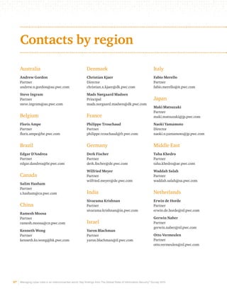 Contacts by region 
Australia 
Andrew Gordon 
Partner 
andrew.n.gordon@au.pwc.com 
Steve Ingram 
Partner 
steve.ingram@au.pwc.com 
Belgium 
Floris Ampe 
Partner 
floris.ampe@be.pwc.com 
Brazil 
Edgar D’Andrea 
Partner 
edgar.dandrea@br.pwc.com 
Canada 
Salim Hasham 
Partner 
s.hasham@ca.pwc.com 
China 
Ramesh Moosa 
Partner 
ramesh.moosa@cn.pwc.com 
Kenneth Wong 
Partner 
kenneth.ks.wong@hk.pwc.com 
Denmark 
Christian Kjaer 
Director 
christian.x.kjaer@dk.pwc.com 
Mads Nørgaard Madsen 
Principal 
mads.norgaard.madsen@dk.pwc.com 
France 
Philippe Trouchaud 
Partner 
philippe.trouchaud@fr.pwc.com 
Germany 
Derk Fischer 
Partner 
derk.fischer@de.pwc.com 
Wilfried Meyer 
Partner 
wilfried.meyer@de.pwc.com 
India 
Sivarama Krishnan 
Partner 
sivarama.krishnan@in.pwc.com 
Israel 
Yaron Blachman 
Partner 
yaron.blachman@il.pwc.com 
Italy 
Fabio Merello 
Partner 
fabio.merello@it.pwc.com 
Japan 
Maki Matsuzaki 
Partner 
maki.matsuzaki@jp.pwc.com 
Naoki Yamamoto 
Director 
naoki.n.yamamoto@jp.pwc.com 
Middle East 
Taha Khedro 
Partner 
taha.khedro@ae.pwc.com 
Waddah Salah 
Partner 
waddah.salah@sa.pwc.com 
Netherlands 
Erwin de Horde 
Partner 
erwin.de.horde@nl.pwc.com 
Gerwin Naber 
Partner 
gerwin.naber@nl.pwc.com 
Otto Vermeulen 
Partner 
otto.vermeulen@nl.pwc.com 
37 Managing cyber risks in an interconnected world: Key findings from The Global State of Information Security® Survey 2015 
 