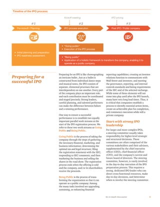 5An in-depth discussion
Preparing for an IPO is like choreographing
an intricate ballet. Just as a ballet is
constructed from individual dance steps
and musical notes, the IPO consists of
separate, elemental processes that are
interdependent on one another. Every part
of the company plays an important role,
and each contribution must be coordinated
and staged precisely. Strong leaders,
careful planning, and talented performers
can make the difference between failure
and a winning performance.
One way to ensure a successful
performance is to establish two equally
important parallel work streams at the
start of the IPO registration process. We
refer to these two work streams as Going
Public and Being Public.
Going Public is the process of taking the
company through the steps of gathering
the necessary financial, marketing, and
business information; determining the
optimal tax and legal structure; filing
the registration statement with the SEC;
responding to SEC comments; and then
marketing the business and selling the
shares in the road show. The registration
process ends when the offering is sold
and the company, and/or its shareholders
receive the proceeds.
Being Public is the process of trans-
forming the organization so that it can
operate as a public company. Among
the many tasks involved are upgrading,
sustaining, or enhancing financial
reporting capabilities; creating an investor
relations function to communicate with
Wall Street and investors; and meeting
the governance, reporting, and internal
controls standards and listing requirements
of the SEC and of the selected exchange.
While some of these elements will not
come into play until after the IPO launch,
many have very long lead times. Thus, it
is critical that companies establish a
process to identify essential action items,
create an achievable plan for completion,
and commence execution while still a
private company.
Start with strong IPO
leadership
For larger and more complex IPOs,
a steering committee usually takes
responsibility for higher-level strategic
and structural decisions. These
committees are often comprised of the
various stakeholders and their advisors,
supplemented by the chief executive
officer (CEO), chief financial officer
(CFO), and the company’s current and
future board of directors. The steering
committee, however, is rarely involved
in the day-to-day execution of the IPO
preparation process. This requires a
strong, dedicated IPO leader who can
direct cross-functional resources, make
day-to-day decisions, and determine
when to involve the steering committee.
Preparing for a
successful IPO
Timeline of the IPO process:
• Initial planning and preparation
• IPO readiness assessment
• “Going public”
• Execution of the IPO process
• “Being public”
• Application of a holistic framework to transform the company, enabling it to
operate as a public company
Pre-kickoff / Planning IPO process execution Post IPO / Public company
Kickoff meeting IPO pricing
#1 #2 #3
 