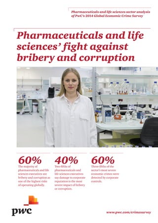 Pharmaceuticals and life sciences sector analysis 
of PwC’s 2014 Global Economic Crime Survey 
Pharmaceuticals and life 
sciences’ fight against 
bribery and corruption 
www.pwc.com/crimesurvey 
60% The majority of 
pharmaceuticals and life 
sciences executives see 
bribery and corruption as 
one of the highest risks 
of operating globally. 
40% Two-fi fths of 
pharmaceuticals and 
life sciences executives 
say damage to corporate 
reputation is the most 
severe impact of bribery 
or corruption. 
60% Three-fi fths of the 
sector’s most severe 
economic crimes were 
detected by corporate 
controls. 
 