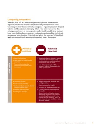 7An objective look at high-frequency trading and dark pools
Competing perspectives
Both dark pools and HFT have recently received significant attention from
regulators, lawmakers, investors, and other market participants, with some
wondering whether the innovations have outpaced a regulatory structure designed
to foster confidence in market integrity. Others point to the reasons why these
techniques developed—to provide greater market liquidity, enable large trades at
lower costs, facilitate faster trades, etc.—and caution against making overly broad
or emotional generalizations. Objectively, we believe that aspects of HFT and dark
pools can potentially both positively and negatively impact the markets.
•	Lower trading costs
•	More easily sell lower-volume
securities
•	Trade without triggering
potentially unfavorable price
movements
•	Harms overall price discovery process,
particularly in a security in which a
significant portion of that security’s
trade volume is in the pools
•	Lack of transparency to public
investors, eroding confidence in the
public quote system
•	Increased liquidity
•	Lower market volatility
•	Reduced bid-ask spreads, thereby
lowering trading costs
•	Reduced execution time
•	Better price discovery
•	Much of liquidity is “phantom” and
not dependable
•	Exacerbates market fragility
•	Increases the market’s systemic risk
•	Certain strategies may manipulate
the market
•	Creates two-tiered trading markets
that benefit investors with access to
faster trading data, arguably at the
expense of other investors, which in
turn erodes investor confidence in the
securities markets
Potential
positives
Potential
negatives
HFTDarkpools
 