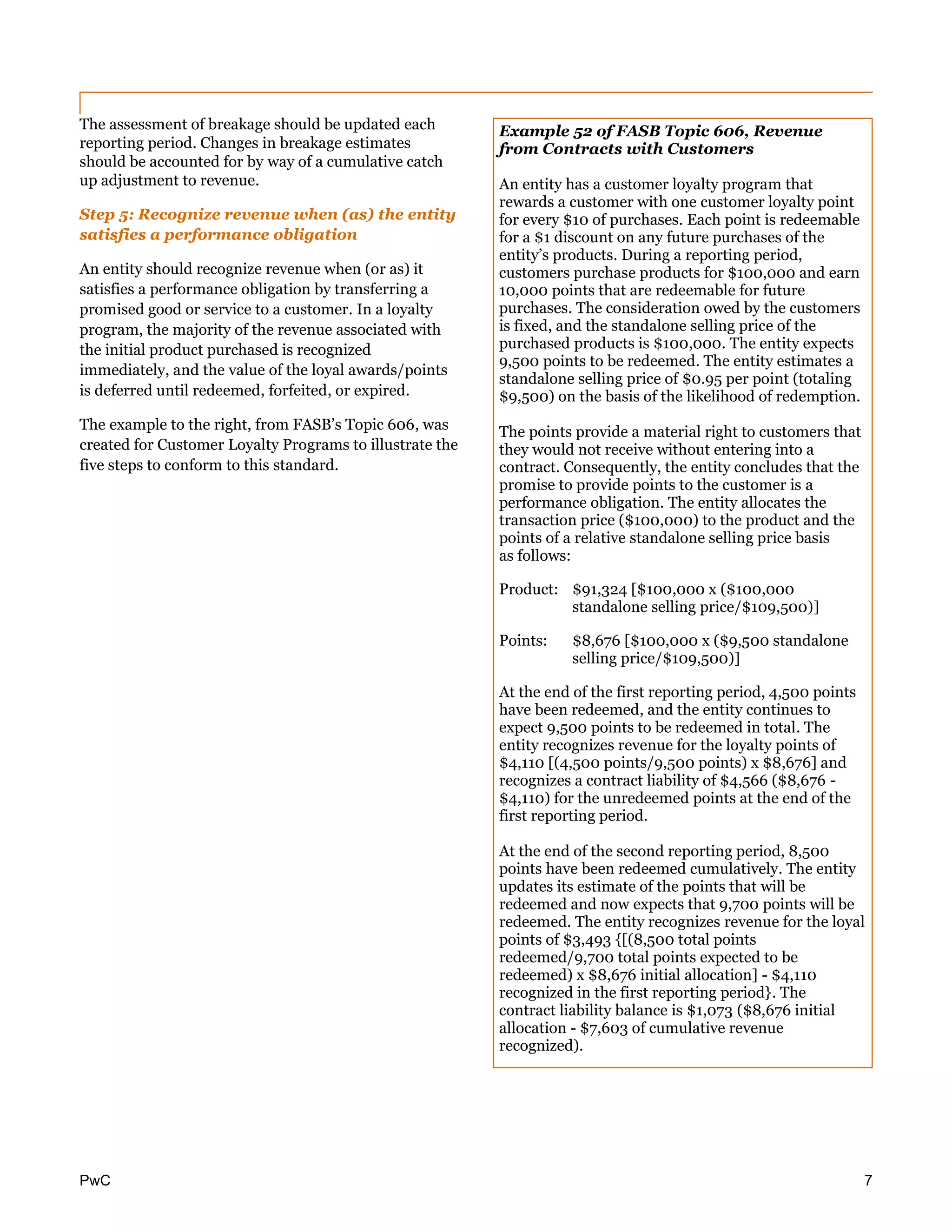 PwC 7
The assessment of breakage should be updated each
reporting period. Changes in breakage estimates
should be accounted for by way of a cumulative catch
up adjustment to revenue.
Step 5: Recognize revenue when (as) the entity
satisfies a performance obligation
An entity should recognize revenue when (or as) it
satisfies a performance obligation by transferring a
promised good or service to a customer. In a loyalty
program, the majority of the revenue associated with
the initial product purchased is recognized
immediately, and the value of the loyal awards/points
is deferred until redeemed, forfeited, or expired.
The example to the right, from FASB’s Topic 606, was
created for Customer Loyalty Programs to illustrate the
five steps to conform to this standard.
Example 52 of FASB Topic 606, Revenue
from Contracts with Customers
An entity has a customer loyalty program that
rewards a customer with one customer loyalty point
for every $10 of purchases. Each point is redeemable
for a $1 discount on any future purchases of the
entity’s products. During a reporting period,
customers purchase products for $100,000 and earn
10,000 points that are redeemable for future
purchases. The consideration owed by the customers
is fixed, and the standalone selling price of the
purchased products is $100,000. The entity expects
9,500 points to be redeemed. The entity estimates a
standalone selling price of $0.95 per point (totaling
$9,500) on the basis of the likelihood of redemption.
The points provide a material right to customers that
they would not receive without entering into a
contract. Consequently, the entity concludes that the
promise to provide points to the customer is a
performance obligation. The entity allocates the
transaction price ($100,000) to the product and the
points of a relative standalone selling price basis
as follows:
Product: $91,324 [$100,000 x ($100,000
standalone selling price/$109,500)]
Points: $8,676 [$100,000 x ($9,500 standalone
selling price/$109,500)]
At the end of the first reporting period, 4,500 points
have been redeemed, and the entity continues to
expect 9,500 points to be redeemed in total. The
entity recognizes revenue for the loyalty points of
$4,110 [(4,500 points/9,500 points) x $8,676] and
recognizes a contract liability of $4,566 ($8,676 -
$4,110) for the unredeemed points at the end of the
first reporting period.
At the end of the second reporting period, 8,500
points have been redeemed cumulatively. The entity
updates its estimate of the points that will be
redeemed and now expects that 9,700 points will be
redeemed. The entity recognizes revenue for the loyal
points of $3,493 {[(8,500 total points
redeemed/9,700 total points expected to be
redeemed) x $8,676 initial allocation] - $4,110
recognized in the first reporting period}. The
contract liability balance is $1,073 ($8,676 initial
allocation - $7,603 of cumulative revenue
recognized).
 