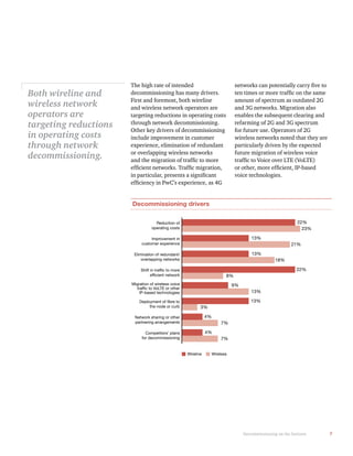 7Decommissioning on the horizon
Decommissioning drivers
Reduction of
operating costs
Improvement in
customer experience
Elimination of redundant/
overlapping networks
Shift in traffic to more
efficient network
Migration of wireless voice
traffic to VoLTE or other
IP-based technologies
Deployment of fibre to
the node or curb
Network sharing or other
partnering arrangements
Competitors’ plans
for decommissioning
22%
23%
13%
21%
13%
18%
8%
22%
9%
13%
13%
3%
4%
7%
4%
7%
Wireline Wireless
The high rate of intended
decommissioning has many drivers.
First and foremost, both wireline
and wireless network operators are
targeting reductions in operating costs
through network decommissioning.
Other key drivers of decommissioning
include improvement in customer
experience, elimination of redundant
or overlapping wireless networks
amount of spectrum as outdated 2G
and 3G networks. Migration also
enables the subsequent clearing and
refarming of 2G and 3G spectrum
for future use. Operators of 2G
wireless networks noted that they are
particularly driven by the expected
future migration of wireless voice
Both wireline and
wireless network
operators are
targeting reductions
in operating costs
through network
decommissioning.
 