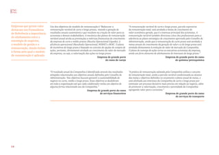 Empresas que geram valor
destacam nos Formulários
de Referência a importância
do alinhamento entre a
estratégia de negócios,
o modelo de gestão e a
remuneração, dando ênfase
à forma pela qual o modelo
de remuneração é aplicado
Um dos objetivos do modelo de remuneração é “Balancear a
remuneração variável de curto e longo prazos, visando a geração de
resultados anuais sustentáveis e que resultem na criação de valor para os
acionistas e demais stakeholders. A mecânica dos planos de remuneração
variável anual atrela as premiações a métricas financeiras de crescimento
da empresa de curto e médio prazos (Receita Operacional Líquida), à
eficiência operacional (Resultado Operacional, NOPAT) e ROIC. O plano
de incentivos de longo prazo é baseado no conceito de opções de compra de
ações, portanto, diretamente atrelado ao crescimento do valor de mercado
da empresa, ou seja, a valorização das ações no longo prazo.
Empresa de grande porte 
do ramo de varejo
“O resultado anual da Companhia é identificado através dos resultados
atingidos relacionados aos objetivos anuais definidos pelo Conselho de
Administração. Tais objetivos buscam garantir a sustentabilidade do
negócio no curto, médio e longo prazo. Esses objetivos se desdobram
em toda a organização até que cada colaborador tenha um objetivo de
alguma forma relacionado aos da Companhia.”
Empresa de grande porte do ramo 
de serviços financeiros
“A remuneração variável de curto e longo prazo, parcela expressiva
da remuneração total, está atrelada a metas de crescimento do
valor econômico gerado, que é o interesse principal dos acionistas. A
remuneração variável também direciona o foco dos profissionais para a
aderência ao plano estratégico de crescimento aprovado pelo Conselho de
Administração, sendo que a remuneração de curto prazo está atrelada a
metas anuais de crescimento da geração de valor e a de longo prazo está
atrelada diretamente à evolução do valor de mercado da Companhia.
O plano de outorga de ações torna os executivos acionistas da empresa,
sendo um forte elemento de alinhamento de interesses de longo prazo.”
Empresa de grande porte do ramo 
de química/petroquímica
“A prática de remuneração adotada pela Companhia utiliza o conceito
de remuneração total, sendo a parcela variável condicionada ao alcance
das metas e objetivos definidos no orçamento e plano anual de metas, e
está alinhada aos interesses da Companhia de curto e longo prazo por
estimular um processo decisório mais preciso em relação ao negócio, além
de promover a valorização, crescimento e perenidade da Companhia
agregando valor para o acionista.”
Empresa de grande porte do ramo 
de serviços de transporte
PwC
FVG
14
 