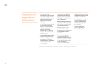 Recomendações do Código
das melhores práticas de
governança corporativa,
do IBGC, para tratar a
remuneração executiva:
• Criar um comitê de
remuneração, preferivelmente
com membros independentes
que detenham conhecimentos
específicos sobre Recursos
Humanos, remuneração
e finanças.
• O conflito de interesses inerente
às atribuições desse comitê
reforça a necessidade desses
membros independentes,
que irão, entre outras
funções, definir a política de
remuneração e incentivos do
quadro executivo.
• A remuneração executiva deve
servir como uma ferramenta
efetiva de atração, motivação
e retenção de profissionais,
proporcionando o alinhamento
de seus interesses com os
da organização.
• Vincular a remuneração dos
executivos a resultados, com
metas de curto e longo prazos,
a fim de gerar valor econômico
para a organização.
• Obter um procedimento formal
e transparente de aprovação de
suas políticas de remuneração e
benefícios aos executivos.
• Levar em conta os custos e
os riscos envolvidos nesses
programas e a eventual diluição
da participação acionária
dos  sócios.
• Desenvolver uma política
de remuneração que não
estimule ações que induzam os
executivos a adotarem medidas
de curto prazo sem sustentação
ou que prejudiquem a
organização no longo prazo.
• Ninguém deve estar envolvido
em qualquer deliberação sobre
sua própria remuneração.
• Encaminhar para aprovação
da assembleia os valores e
a política de remuneração
dos executivos, propostos
pelo conselho.
• Divulgar e explicar as
metas e as premissas da
remuneração variável.
Fonte: Código de melhores práticas de governança corporativa.  São Paulo: IBGC, 5a edição, 2015.
PwC
FVG
22
 