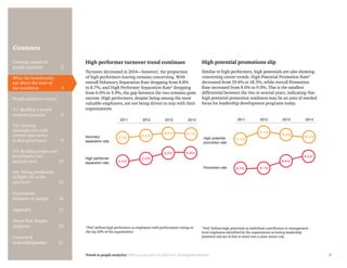Trends in people analytics: With excerpts from the 2015 PwC Saratoga Benchmarks 4
Contents
High potential promotions slip
Similar to high performers, high potentials are also showing
concerning career trends. High Potential Promotion Rate4
decreased from 19.6% to 18.3%, while overall Promotion
Rate increased from 8.6% to 9.0%. This is the smallest
differential between the two in several years, indicating that
high potential promotion readiness may be an area of needed
focus for leadership development programs today.
Voluntary
separation rate
High potential
promotion rate
High performer
separation rate
Promotion rate
2011	 2012 2013	 2014 2011	 2012 2013	 2014
8.0%
17.3%
4.4%
8.0%
5.0%
8.1%
6.0%
8.6%
5.9%
9.0%
8.4%
22.4%8.8% 19.6%8.7%
18.3%
High performer turnover trend continues
Turnover decreased in 2014—however, the proportion
of high performers leaving remains concerning. With
overall Voluntary Separation Rate dropping from 8.8%
to 8.7%, and High Performer Separation Rate3
dropping
from 6.0% to 5.9%, the gap between the two remains quite
narrow. High performers, despite being among the most
valuable employees, are not being driven to stay with their
organizations.
3
PwC defines high performers as employees with performance ratings in
the top 20% of the organization
4
PwC defines high potentials as individual contributors or management
level employees identified by the organization as having leadership
potential and are in line to move into a more senior role
Growing impact of
people analytics	 2
What the benchmarks
say about the state of
the workforce	3
People analytics trends:
#1: Building a people
analytics function	6
#2: Growing
dissatisfaction with
current approaches
to data governance	9
#3: Building targets and
benchmarks into
analytic tools	10
#4: Taking predictions
of flight risk to the
next level	13
Conclusion:
Insistent on insight	 16
Appendix	17
About PwC People
Analytics	20
Contacts &
Acknowledgments	21
 