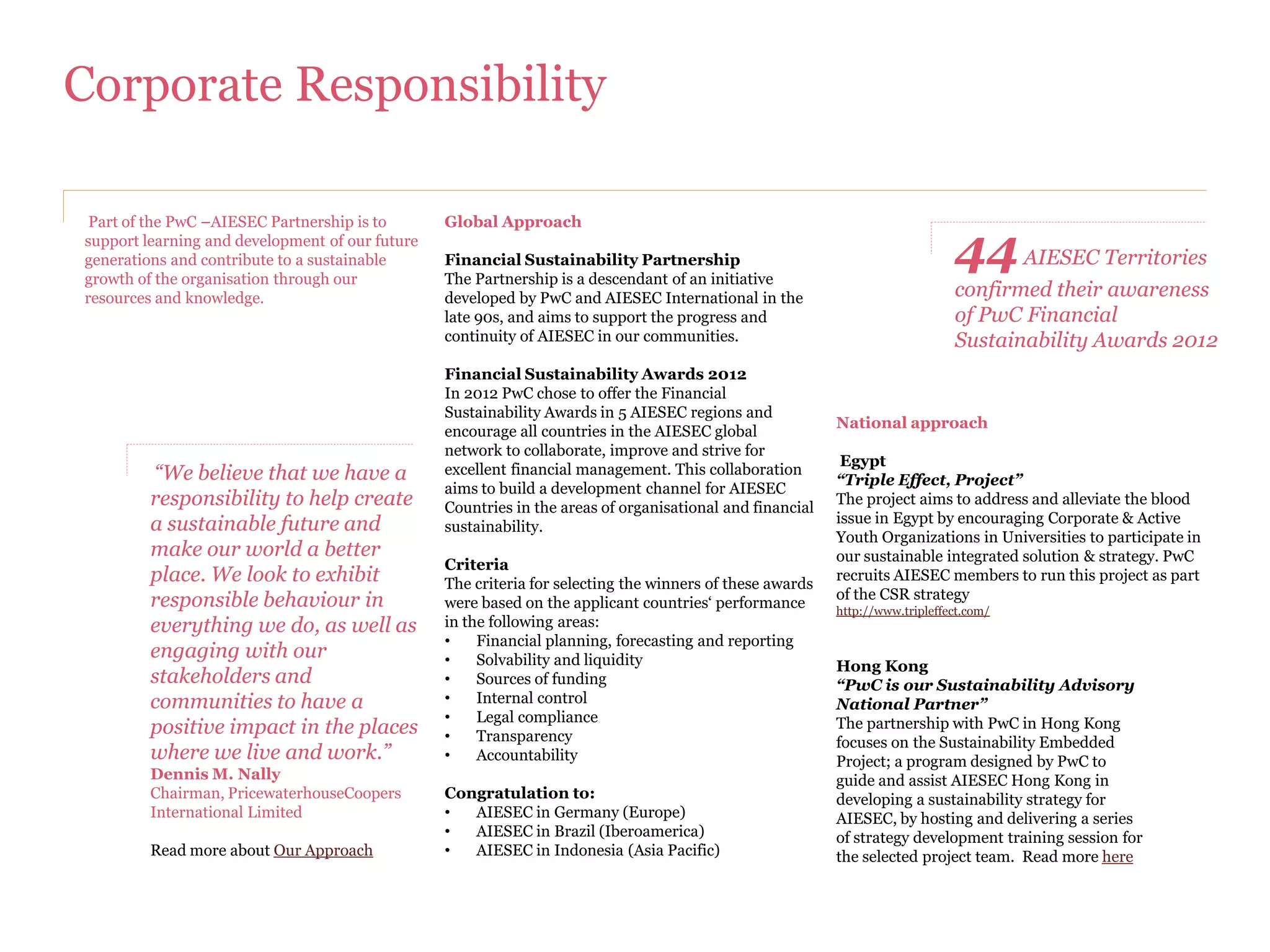 AIESEC Alumni

AIESEC Alumni and Supporters                           Geographic distribution of AIESEC Alumni                   Top Countries with the biggest number of Alumni
in PwC                                                 and Supporters in PwC                                      and Supporter per PwC Cluster

AIESEC Alumni in PwC are former members of                                                                          West                        Central
                                                       Distribution by PwC Clusters
AIESEC who have been employed in PwC offices
                                                                                                                     29
through the AIESEC’s Global Internship Program                                                                       % 17 15
                                                          West          140                                                                    12 11
or local PwC-AIESEC initiatives.                                                                                        % % 10
                                                          East          120                                                                    % %
                                                                                                                             %                         5% 5%
AIESEC Supporters in PwC are PwC employees              Central                                 740
who are involved in the partnership with AIESEC
and who are furthering this relationship. AIESEC
Supporters in PwC actively improve the
collaboration with this organization by working on
new initiatives that bring benefits to both parts.     Distribution by AIESEC Regions

                                                             WENA                                     450           East
                                                             MENA             40                                    20 16 13
                                                                                                                     % % % 9
                                                      Latin America                100                                       %
                                                                  CEE                    220
                                                         Asia Pacific              120
                                                              Africa           70



                                                       In the charts below you can see the number of
                                                       present Alumni and supporters at PwC offices                   If you are an AIESEC Alumni or
                                                       around the world and an overview of the                        Supporter keep in touch with the AIESEC
                                                       positions they held in PwC.                                    Partnership by visiting our pages and
                                                                                                                      groups:
         We have found 1,000                                 Associate/Senior…                              66%
         AIESEC Alumni and                               Managers and Senior…                   20%                   •    Linkedin group
         Supporters working across                                   Directors           5%                           •    Spark group
                                                                      Partners            6%                          •    Facebook page
         78 territories in PwC
                                                     Territory Senior Partners           0,3%
 