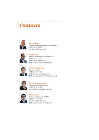 Contacts 
Eric Dupont 
Associé responsable du secteur assurance 
+33 1 56 57 80 39 
eric.dupont@fr.pwc.com 
Jimmy Zou 
Associé responsable de Solvabilité 2 
+33 1 56 57 72 13 
jimmy.zou@fr.pwc.com 
fr.linkedin.com/in/jimmyzou 
Frédéric Traimond 
Associé actuaire 
+33 1 56 57 78 08 
frederic.traimond@fr.pwc.com 
fr.linkedin.com/in/frederictraimond 
Marie-Christine Jetil 
Associée Asset Management 
+33 1 56 57 84 66 
marie-christine.jetil@fr.pwc.com 
Alix Bakhos 
Senior Manager expert ALM 
+33 1 56 57 88 32 
alix.bakhos@fr.pwc.com 
fr.linkedin.com/in/alixbakhos 
