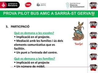Haga clic para modificar el estilo
de título del patrón
PROVA PILOT BUS AMIC A SARRIÀ-ST GERVASI
5. PARTICIPACIÓ
Què es demana a les escoles?
 Implicació en el projecte.
 Mediació amb les famílies i ús dels
elements comunicatius que es
facilitin.
 Un punt a l’entrada del centre.
Què es demana a les famílies?
 Implicació en el projecte
 Un número de mòbil.
 