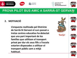 Haga clic para modificar el estilo
de título del patrón
PROVA PILOT BUS AMIC A SARRIÀ-ST GERVASI
2. MOTIVACIÓ
L’enquesta realitzada pel Districte
de Sarrià-St Gervasi el curs passat a
tretze centres educatius ha detectat
que una part important de les
famílies que utilitzen el transport
privat per dur els seus fills a l’escola
estarien disposades a utilitzar el
transport públic com a mitjà
habitual.
 