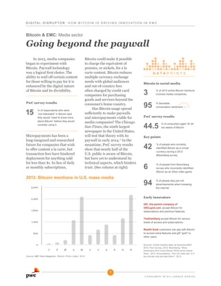 D I G I T A L D i s r u p t o r : H o w B it c o i n i s d r i v i n g i n n o v ati o n i n E M C

Bitcoin & EMC: Media sector

Going beyond the paywall
In 2013, media companies
began to experiment with
Bitcoin. Paywall technology
was a logical first choice. The
ability to wall off certain content
for those willing to pay for it is
enhanced by the digital nature
of Bitcoin and its divisibility.

Bitcoin could make it possible
to charge the equivalent of
pennies, or nickels, for a la
carte content. Bitcoin reduces
multiple currency exchange
needs with global audiences
and out-of-country fees
often charged by credit card
companies for purchasing
goods and services beyond the
consumer’s home country.
Has Bitcoin usage spread
sufficiently to make paywalls
and micropayments viable for
media companies? The Chicago
Sun-Times, the ninth largest
newspaper in the United States,
will test that theory with its
paywall in early 2014.11 In the
meantime, PwC survey results
show that nearly half of the
U.S. public is aware of Bitcoin,
but have yet to understand its
technical aspects, which hinders
trust. (See column at right).

PwC survey results

15

% of respondents who were
“not interested” in Bitcoin said
they would “need to know more
about Bitcoin” before they would
consider using it.

Micropayments has been a
long-imagined and researched
future for companies that wish
to offer content a la carte, but
transaction fees have hindered
deployment for anything sold
for less than $1. In lieu of daily
or monthly subscriptions,

2013: Bitcoin mentions in U.S. mass media

D A T A PO I N T S
Bitcoin in social media

3

% of 2013 online Bitcoin mentions
involved media companies.

95

% favorable
conversation sentiment.

PwC survey results

44.5

% of consumers aged 18-34
are aware of Bitcoin.

Key points

42
6

% of people who correctly
identified Bitcoin as a virtual
currency during a 2013
Bloomberg survey.
% of people from Bloomberg
survey who incorrectly identified
Bitcoin as an Xbox video game.

3,000

94

2,400

Early innovators

1,800

IAC, the parent company of
OKCupid.com, accept Bitcoin for
subscriptions and premium features.

1,200

TheDishDaily accept Bitcoin for various
levels of access and subscriptions.

% of people skip pre-roll
advertisements when browsing
the internet.

Reddit Gold customers can pay with Bitcoin
to access extra features and gift “gold” to
other users.

600

0
J

F

M

A

M

J

J

A

S

Source: BBC News Magazine, “Bitcoin: Price v hype,” 2013.

O

N

Sources: Online mention data via Sysomos MAP,
2013. PwC Survey, 2013. Bloomberg, “Most
Americans Don’t know Bitcoin While some Guess
Xbox,” 2013. eConsultancy, “Pre-roll video ads: is it
any wonder why we hate them?,” 2013.

7
C o n s u me r i n tellige n c e s e r ie s

 