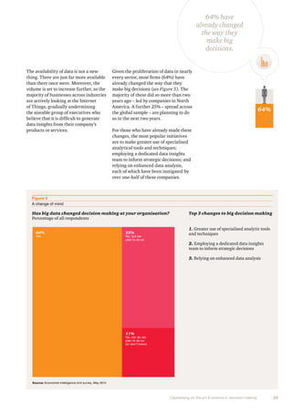 Top 3 changes to big decision making 
Capitalising on the art & science in decision making 25 
The availability of data is not a new 
thing. There are just far more available 
than there once were. Moreover, the 
volume is set to increase further, as the 
majority of businesses across industries 
are actively looking at the Internet 
of Things, gradually undermining 
the sizeable group of executives who 
believe that it is difficult to generate 
data insights from their company’s 
products or services. 
Given the proliferation of data in nearly 
every sector, most firms (64%) have 
already changed the way that they 
make big decisions (see Figure 5). The 
majority of these did so more than two 
years ago – led by companies in North 
America. A further 25% – spread across 
the global sample – are planning to do 
so in the next two years. 
For those who have already made these 
changes, the most popular initiatives 
are to make greater use of specialised 
analytical tools and techniques; 
employing a dedicated data insights 
team to inform strategic decisions; and 
relying on enhanced data analysis, 
each of which have been instigated by 
over one-half of these companies. 
Figure 5 
A change of mind 
Has big data changed decision making at your organisation? 
Percentage of all respondents 
1. Greater use of specialised analytic tools 
and techniques 
2. Employing a dedicated data insights 
team to inform strategic decisions 
3. Relying on enhanced data analysis 
64% 
Yes 
Source: Economist Intelligence Unit survey, May 2014 
25% 
No, but we 
plan to do so 
11% 
No, nor do we 
plan to do so 
(or don’t know) 
64% have 
already changed 
the way they 
make big 
decisions. 
64% 
 