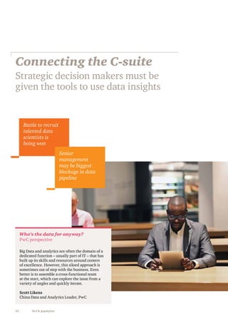 Connecting the C-suite 
Strategic decision makers must be 
given the tools to use data insights 
Battle to recruit 
talented data 
scientists is 
being won 
Who’s the data for anyway? 
PwC perspective 
Big Data and analytics are often the domain of a 
dedicated function – usually part of IT – that has 
built up its skills and resources around centers 
of excellence. However, this siloed approach is 
sometimes out of step with the business. Even 
better is to assemble a cross-functional team 
at the start, which can explore the issue from a 
variety of angles and quickly iterate. 
Scott Likens 
China Data and Analytics Leader, PwC 
32 Gut & gigabytes 
Senior 
management 
may be biggest 
blockage in data 
pipeline 
 