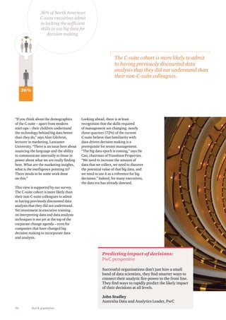 “If you think about the demographics 
of the C-suite – apart from modern 
start-ups – their children understand 
the technology behind big data better 
than they do,” says Alan Gilchrist, 
lecturer in marketing, Lancaster 
University. “There is an issue here about 
nuancing the language and the ability 
to communicate internally to those in 
power about what we are really finding 
here. What are the marketing insights, 
what is the intelligence pointing to? 
There needs to be some work done 
on this.” 
This view is supported by our survey. 
The C-suite cohort is more likely than 
their non-C-suite colleagues to admit 
to having previously discounted data 
analysis that they did not understand. 
Yet investment in executive training 
on interpreting data and data analysis 
techniques is not yet at the top of the 
corporate change agenda – even for 
companies that have changed big 
decision making to incorporate data 
and analysis. 
36 Gut & gigabytes 
The C-suite cohort is more likely to admit 
to having previously discounted data 
analysis that they did not understand than 
their non-C-suite colleagues. 
Looking ahead, there is at least 
recognition that the skills required 
of management are changing: nearly 
three-quarters (72%) of the current 
C-suite believe that familiarity with 
data-driven decision making is a 
prerequisite for senior management. 
“The big data epoch is coming,” says He 
Cao, chairman of Franshion Properties. 
“We need to increase the amount of 
data that we collect, we need to discover 
the potential value of that big data, and 
we need to use it as a reference for big 
decisions.” Indeed, for many executives, 
the data era has already dawned. 
36% 
36% of North American 
C-suite executives admit 
to lacking the sufficient 
skills to use big data for 
decision making. 
? ? 
Predicting impact of decisions: 
PwC perspective 
Successful organisations don’t just hire a small 
band of data scientists, they find smarter ways to 
connect their analytic fire-power to the front line. 
They find ways to rapidly predict the likely impact 
of their decisions at all levels. 
John Studley 
Australia Data and Analytics Leader, PwC 
 