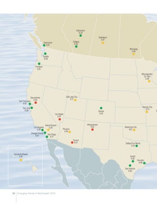 Edmonton
                                                                            6.24
                                                                                                   Saskatoon
                                                                                                     5.47
                                     Vancouver                       Calgary
                                       6.61                           6.33

                                                                                                                    Winnipeg
                                                                                                                      5.00

                                    Seattle
                                     6.60


                         Portland
                          5.81

                                                                                                                                    Minneapolis/
                                                                                                                                      St. Paul
                                                                                                                                       5.38




                   Sacramento                                Salt Lake City
                      4.20                                        5.17
      San Francisco
          6.92

          San Jose                                                                                                                  Kansas City
            6.58                                                                                                                       4.73
                                                                                                   Denver                                          S
                                                 Las Vegas                                          6.16
                                                   3.91


                                      Inland Empire                                  Albuquerque
                       Los Angeles         5.30                                          4.43                  Oklahoma City
                          6.30                           Phoenix                                                    4.61
                                                          5.45
                     Orange County       San Diego
                         6.01              6.17
                                                                     Tucson
                                                                      4.21                                      Dallas/Fort Worth
                                                                                                                       6.10


 Honolulu/Hawaii
      5.47                                                                                                           Austin
                                                                                                                      6.92
                                                                                                                               Houston
                                                                                                                                6.46

                                                                                                               San Antonio
                                                                                                                  5.83




32   Emerging Trends in Real Estate® 2012
 