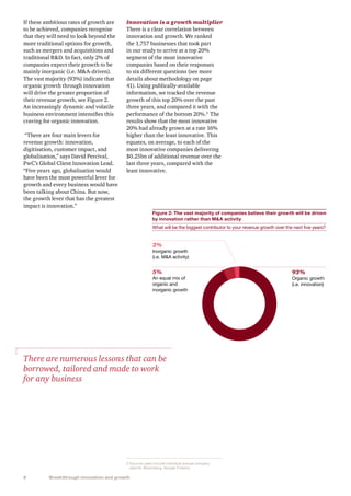 8 Breakthrough innovation and growth
If these ambitious rates of growth are
to be achieved, companies recognise
that they will need to look beyond the
more traditional options for growth,
such as mergers and acquisitions and
traditional RD. In fact, only 2% of
companies expect their growth to be
mainly inorganic (i.e. MA-driven).
The vast majority (93%) indicate that
organic growth through innovation
will drive the greater proportion of
their revenue growth, see Figure 2.
An increasingly dynamic and volatile
business environment intensifies this
craving for organic innovation.
“There are four main levers for
revenue growth: innovation,
digitisation, customer impact, and
globalisation,” says David Percival,
PwC’s Global Client Innovation Lead.
“Five years ago, globalisation would
have been the most powerful lever for
growth and every business would have
been talking about China. But now,
the growth lever that has the greatest
impact is innovation.”
Figure 2: The vast majority of companies believe their growth will be driven
by innovation rather than MA activity
What will be the biggest contributor to your revenue growth over the next five years?
93%
Organic growth
(i.e. innovation)
5%
An equal mix of
organic and
inorganic growth
2%
Inorganic growth
(i.e. MA activity)
Innovation is a growth multiplier
There is a clear correlation between
innovation and growth. We ranked
the 1,757 businesses that took part
in our study to arrive at a top 20%
segment of the most innovative
companies based on their responses
to six different questions (see more
details about methodology on page
41). Using publically-available
information, we tracked the revenue
growth of this top 20% over the past
three years, and compared it with the
performance of the bottom 20%.2
The
results show that the most innovative
20% had already grown at a rate 16%
higher than the least innovative. This
equates, on average, to each of the
most innovative companies delivering
$0.25bn of additional revenue over the
last three years, compared with the
least innovative.
2 Sources used include individual annual company
reports, Bloomberg, Google Finance.
There are numerous lessons that can be
borrowed, tailored and made to work
for any business
 