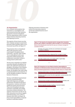 35Breakthrough innovation and growth
1010. Organisation
It is a common misconception that
innovation is a serendipitous and
unstructured activity that cannot be
planned for, forced or disciplined.
The best organisations strike a careful
balance between fostering creativity
and imposing structure.
The majority of interviewees say that
their company manages its innovation
processes either formally (32%) or in a
structured way (41%), see Figure 17.
“Organisations that are disciplined
about other processes can be
surprisingly ill-disciplined about
innovation,” says PwC’ John Sviokla.
“In an undisciplined world, open
innovation without purpose and
collaborative innovation without a
strategy doesn’t yield results.”
The key issue is therefore not whether
innovation should be disciplined, but
what is the right kind and amount of
discipline. According to Chris Wasden,
PwC’s Global Healthcare Innovation
Leader, the discipline that works today,
in operationally-focused companies, is
not the discipline needed to create the
business of tomorrow.
Having a well-defined organisational
structure around innovation
helps build alignment and higher
performance through the sharing of
best practices, resources and mental
models for growth and innovation.
These drive disciplined execution
and lead to repeatable and scalable
innovation commercialisations. The
majority of executives say they set up
their innovation structures to support
individual product areas (72%) or
business units (61%), see Figure 18.
Fewer hand responsibility to separate
facilities in individual markets.
Aligning innovation to business units
ensures the innovation teams do
not become isolated from the rest of
the organisation.
Figure 17: The majority of companies tend to manage their innovation
process with a degree of discipline, either formally or in a structured way
Which of the following best describes the way your company manages its
innovation process?
Formally, all innovation activities are coordinated and managed
for maximum efﬁciency
In a structured way, there is alignment from concept to market
Informally, projects arise out of market needs or good ideas
0% 15% 30% 45%
32%
41%
26%
Figure 18: Companies are more likely to devolve responsibility for
innovation to individual products and services than to individual markets
Which of the following approaches to managing innovation does your company take?
Individual product areas or services are responsible for their own innovations
We drive innovation across the entire organisation, across business units
and territories
We have formal innovation structures within individual business units
We have separate innovation facilities in important markets
0% 20% 40% 60% 80%
72%
63%
61%
44%
 