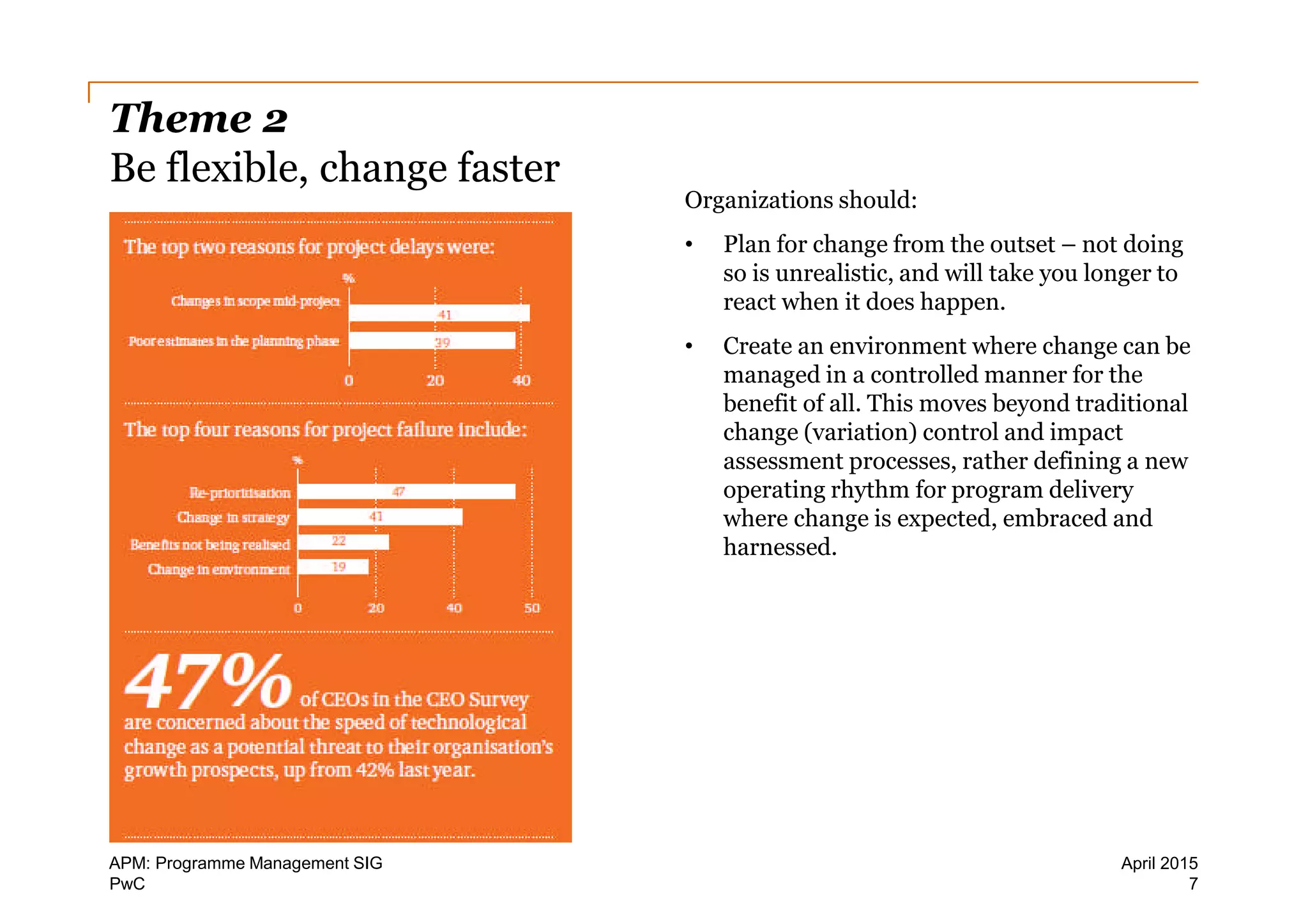 PwC
Theme 2
Be flexible, change faster
Organizations should:
• Plan for change from the outset – not doing
so is unrealistic, and will take you longer to
react when it does happen.
• Create an environment where change can be
managed in a controlled manner for the
benefit of all. This moves beyond traditional
change (variation) control and impact
assessment processes, rather defining a new
operating rhythm for program delivery
where change is expected, embraced and
harnessed.
7
April 2015APM: Programme Management SIG
 