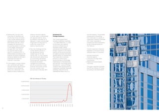 •		 dditionally,	the	fact	that	
       A                                           enhance financial stability,                                            Incentives for                                                      non-tax incentive. The principal
       maturities of liabilities are               it will be useful to differentiate                                      Foreign Investors                                                   prerequisite for benefiting
       shorter than those of assets                the required reserve ratios                                                                                                                 from state aids is to obtain an
       in the Turkish banking sector               for different maturities of TL                                          The Turkish government                                              Investment Incentive Certificate
       exposes the sector to liquidity             deposits in order to encourage                                          provides investment incentives                                      (IIC) which is granted to
       and interest rate risk, which               longer-term funding and to                                              – so-called State Aid – in order                                    investors for their investments
       increases the sensitivity of                widen the scope of the                                                  to eliminate inter-regional                                         by the Undersecretariat for
       the banking system to shocks.               reserve requirements.                                                   economic imbalances, to                                             the Treasury.
       In this regard, starting from                                                                                       facilitate a larger capital
       the year 2011, the Turkish                 •		 he	main	challenge	for	the	
                                                    T                                                                      contribution by the public and                                      Turkish investment incentive
       lira required reserve ratio,                 Turkish Banking Sector is                                              foreign investors to the capital                                    legislation is formed of three
       which is currently at 6%, is                 the decreasing interest                                                build-up of the country and also                                    separate types of incentives:
       differentiated according to the              margins due to the rate                                                to support activities that have a
       maturity structure of deposits               cuts by CBT. In a low interest                                         positive effect on employment.                                     1. General  investment
       and set as higher for short-term             rate environment, banks focus                                          The investment incentives                                             incentive regime.
       maturities and lower for                     on commission generation.                                              scheme is continuously                                             2. Incentives for large-scale
       long-term maturities.                        Volume growth, expanding                                               being amended to encourage                                            investments.
                                                    insurance and asset                                                    investments in manufacturing                                       3. Region and sector-based
     •		n	this	respect,	a	lower	interest	
       I                                            management businesses,                                                 and services, the energy sector                                       incentives.
       rate, combined with higher                   and the introduction of new                                            and exports. Local and foreign
       required reserve ratios would                financial instruments will be                                          investors have equal access to                                      The graph opposite illustrates
       serve as a more effective                    the main trends in this                                                investment incentives. Generally                                    the FDI net inflows of Turkey
       policy mix. Moreover, with                   environment in the year 2011.                                          speaking, state aid can be                                          according to the World Bank:
       regard to policy measures to                                                                                        classified as either a tax or a




                                                   FDI net inflows of Turkey

                                25,000,000,000



                                20,000,000,000



                                 15,000,000,000



                                 10,000,000,000



                                  5,000,000,000



                                             0
                                                  1970

                                                         1972

                                                                1974

                                                                       1976

                                                                              1978

                                                                                     1980

                                                                                            1982

                                                                                                   1984

                                                                                                          1986

                                                                                                                 1988

                                                                                                                        1990

                                                                                                                               1992

                                                                                                                                      1994

                                                                                                                                             1996

                                                                                                                                                    1998

                                                                                                                                                           2000

                                                                                                                                                                  2002

                                                                                                                                                                         2004

                                                                                                                                                                                2006

                                                                                                                                                                                       2008




12
 