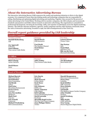 26
About the Interactive Advertising Bureau
The Interactive Advertising Bureau (IAB) empowers the media and marketing industries to thrive in the digital
economy. It is comprised of more than 650 leading media and technology companies that are responsible for
selling, distributing and optimizing digital advertising and marketing. Together, they account for 86 percent of
online advertising in the United States. Working with its member companies, the IAB evaluates and recommends
standards and practices and fields critical research on interactive advertising. The organization is committed to
professional development, elevating the knowledge, skills, and expertise of individuals across the digital marketing
industry. The IAB also educates marketers, agencies, media companies and the wider business community about
the value of interactive advertising. Founded in 1996, the IAB is headquartered in New York City.
Overall report guidance provided by IAB leadership
Executive Committee
President and CEO
Randall Rothenberg
IAB
Joe Apprendi
Collective
Joan Gillman
Time warner Cable Media
Chairman
David Morris
CBS Interactive
Curt Hecht
The Weather Channel
Neal Mohan
Google
Vice Chair
Lauren Wiener
Tremor Video
Jim Norton
AOL
Vivek Shah
Ziff Davis, LCC
Rik van der Kooi
Microsoft Advertising
Board of Directors
Michael Barrett
Millennial Media
David Brinker
News Corporation
Ned Brody
Yahoo!
Paul Caine
Bloomberg Businessweek
Kevin Conroy
Univision
Jory Des Jardins
SheKnows
Mark Ford
Time Inc.
Eric Franchi
Undertone
Michael Friedenberg
IDG Communications
Eric Harris
BuzzFeed
Mark Howard
Forbes Media
Scott Howe
Acxiom
Eric Johnson
ESPN.com
Neil O. Johnston
CMG Digital
Seth Ladetsky
Turner Broadcasting System
David Lawenda
Facebook
Meredith Kopit Levien
The New York Times Company
Jean-Philippe Maheu
Twitter
Harold Morgenstern
Discovery Communications
Penry Price
LinkedIn
Scott Schiller
NBC Universal
Drew Schutte
Condé Nast
Tad Smith
The Madison Square Garden Company
John Trimble
Pandora
Jacob Weisberg
Slate
Mike Welch
AT&T AdWorks
Troy Young
Hearst Magazines Digital Media
Ex-Officio
Founding Chairman
Rich LeFurgy
Archer Advisors
David Moore
Xaxis
Treasurer
John Toohey
Time Warner Cable Media
Secretary
Joe Rosenbaum
Reed Smith LLP
 