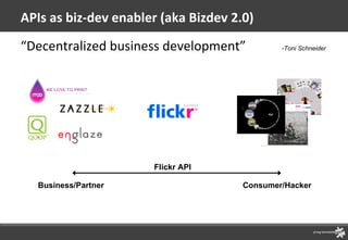 APIs as biz-dev enabler (aka Bizdev 2.0) “ Decentralized business development” -Toni Schneider Consumer/Hacker Business/Partner Flickr API 